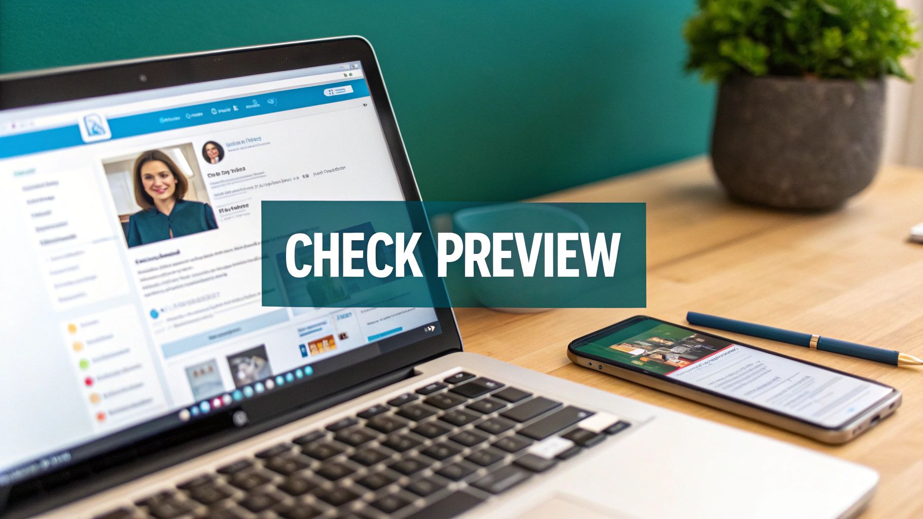 A laptop displays a LinkedIn profile next to a smartphone and a pen on a wooden desk. An overlay says 'CHECK PREVIEW'.