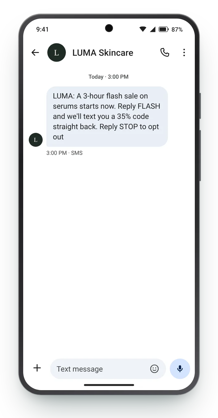 The code arrives when they reply flash sale text on an Android phone