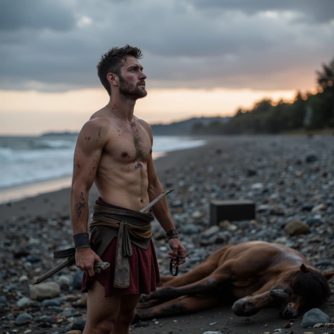 ein man steht an einem steinigen strand, er hat kaum bekleidung an, neben ihm liegt ein pferd