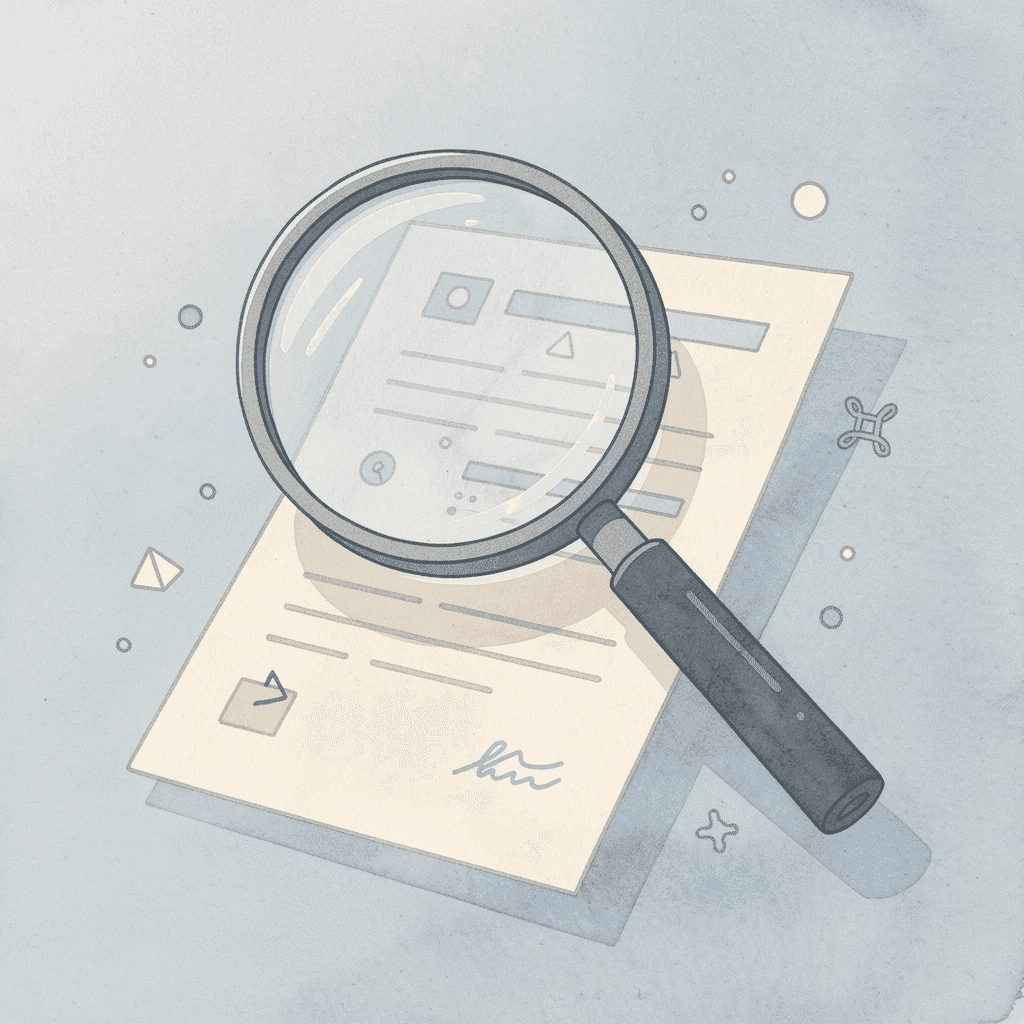 Magnifying glass examining document representing AI analysis