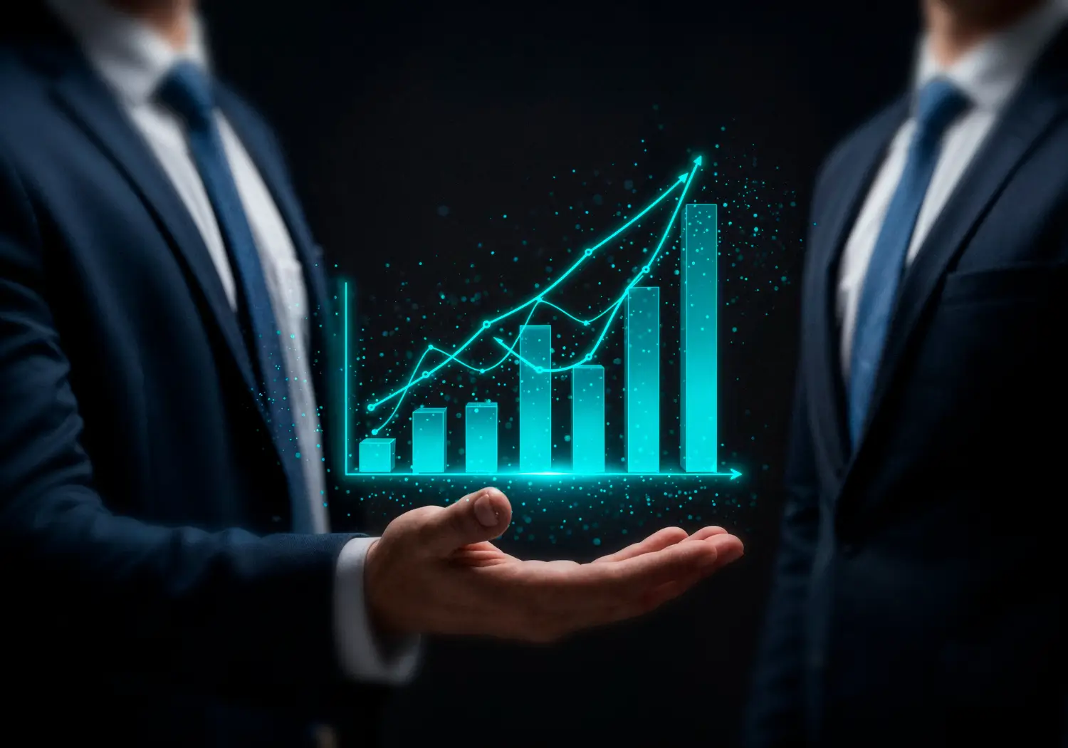 Dijital veri grafiği ile yatırım danışmanlığı sonucu finansal büyüme, performans artışı ve iş başarısını temsil eden iş insanı