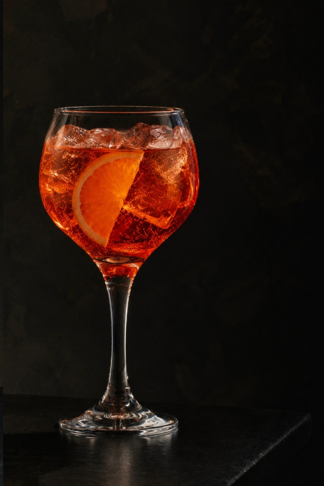 Spritz con Aperol di colore arancio, servito in calice su sfondo nero