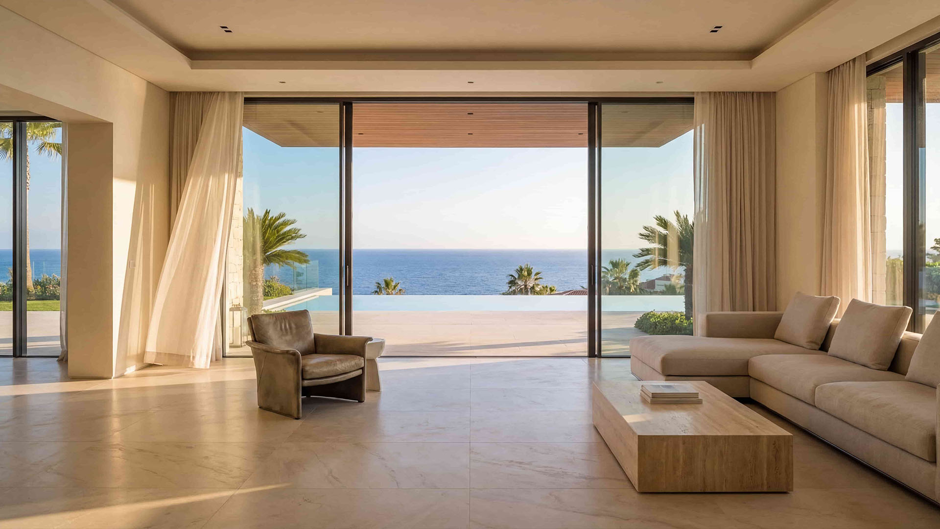 Modern luxury villa living room in Marbella with panoramic sea view and floor-to-ceiling glass doors