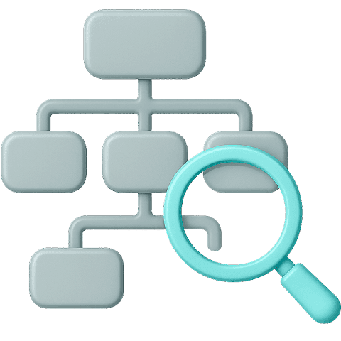 Flowchart with magnifying glass, updating in real time.