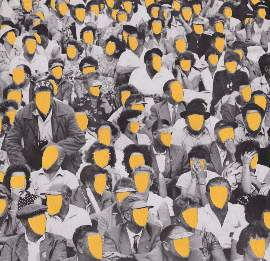 A large crowd of people, with faces highlighted in yellow against a monochrome background.
