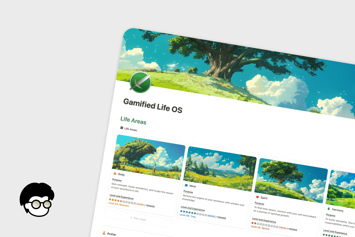 A thumbnail of a Gamified Life OS Notion template stacked upon a white-gray background.