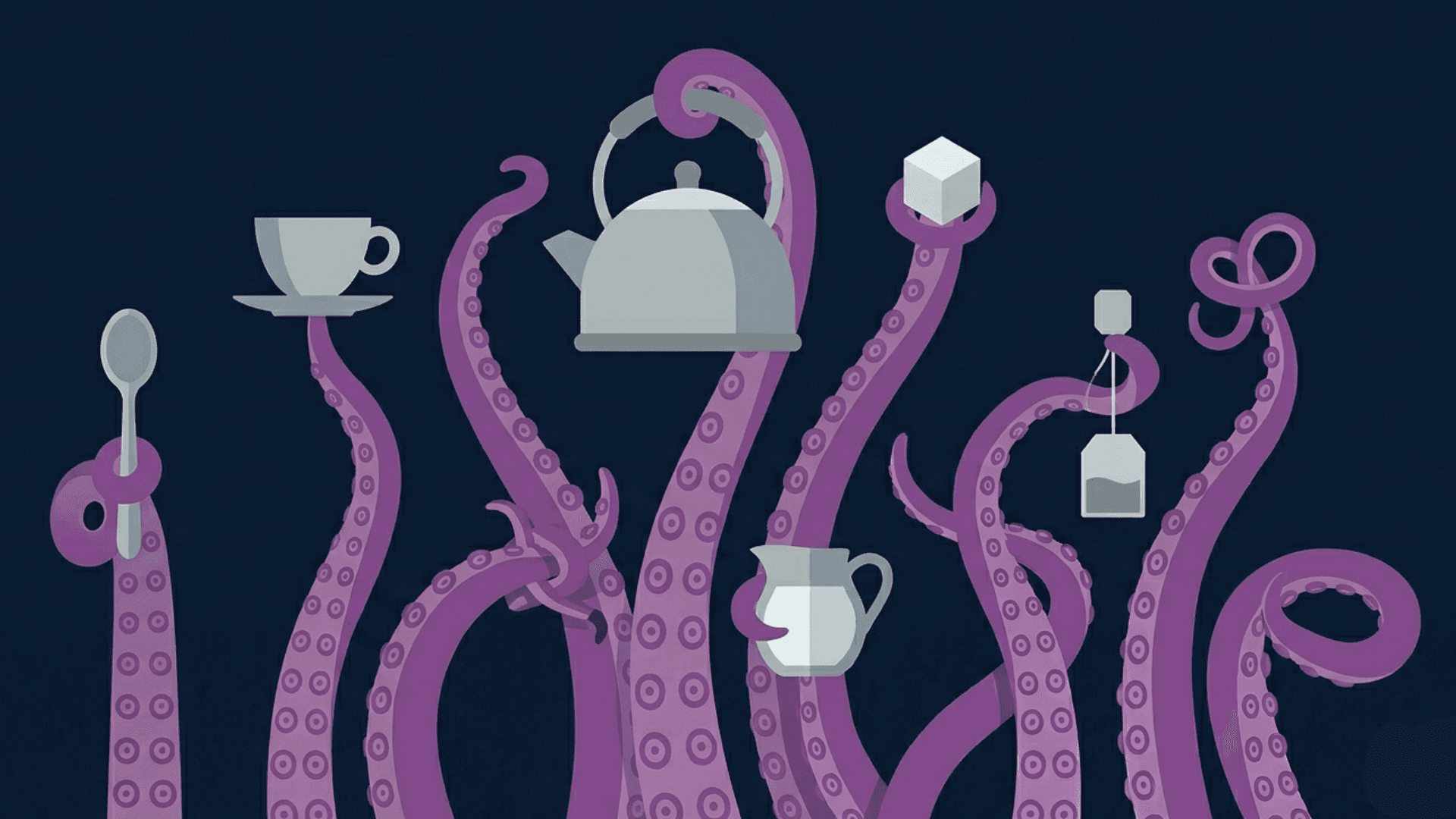 Geometric illustration of purple octopus tentacles rising from the bottom of the frame, each holding a different tea-making object: a kettle, a teacup on a saucer, a milk jug, a sugar cube, a teabag, and a spoon. Deep navy background.