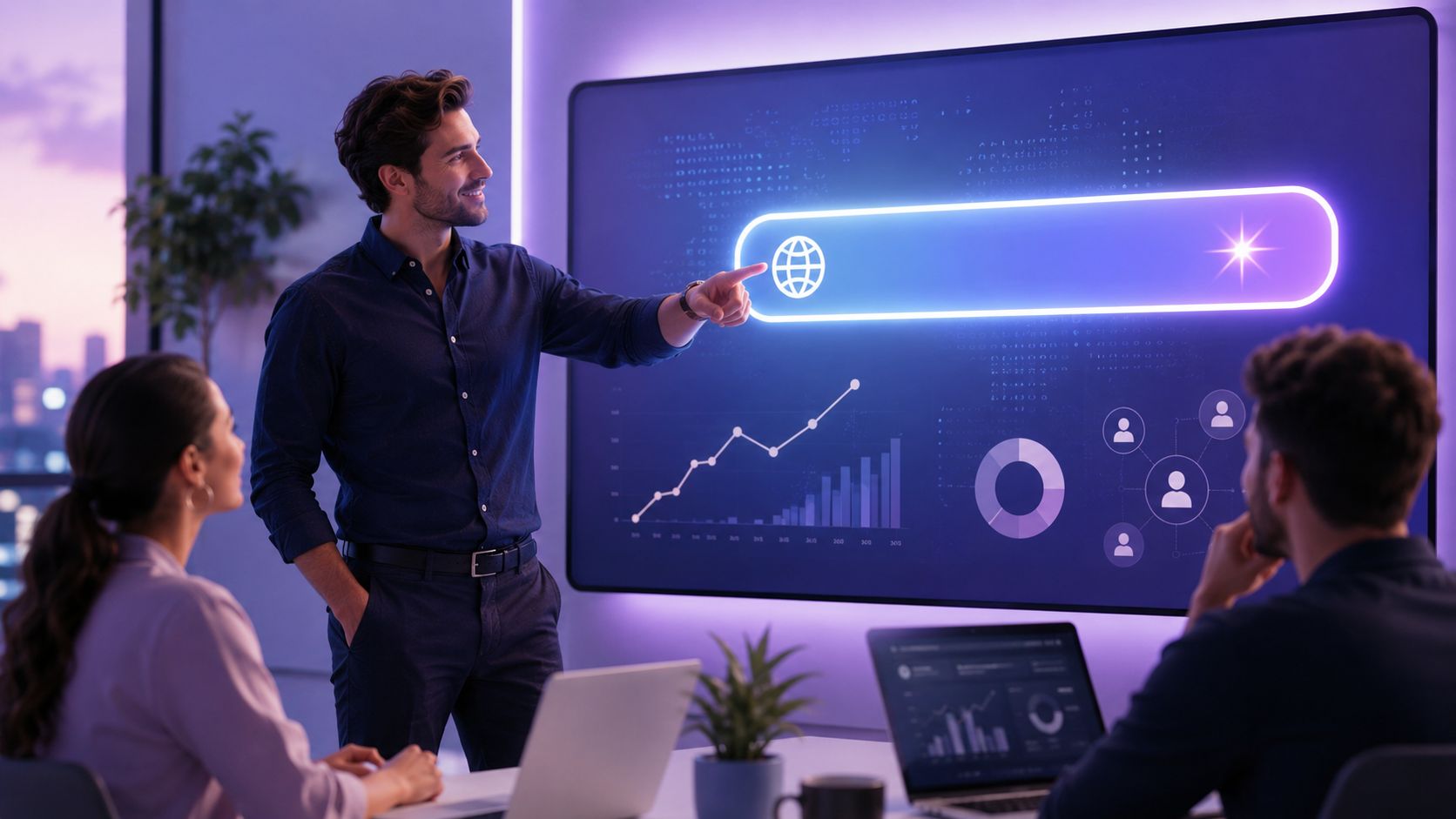 A professional business team collaborating in a modern office with a digital search interface projected on screen.