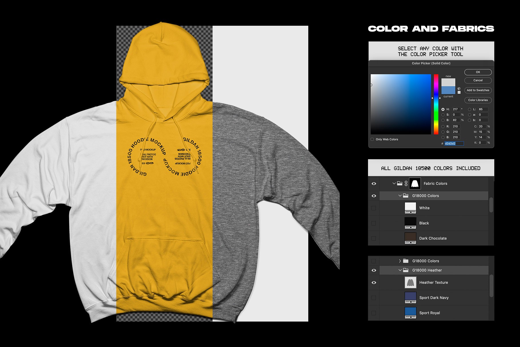 Gildan 18500 Hoodie Wide Arms mockup fabric color options with Photoshop controls