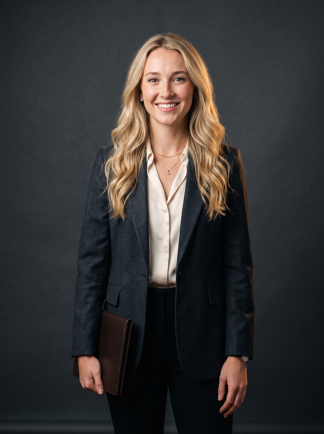 Emma Smith, senior broker, photographed against a dark studio backdrop
