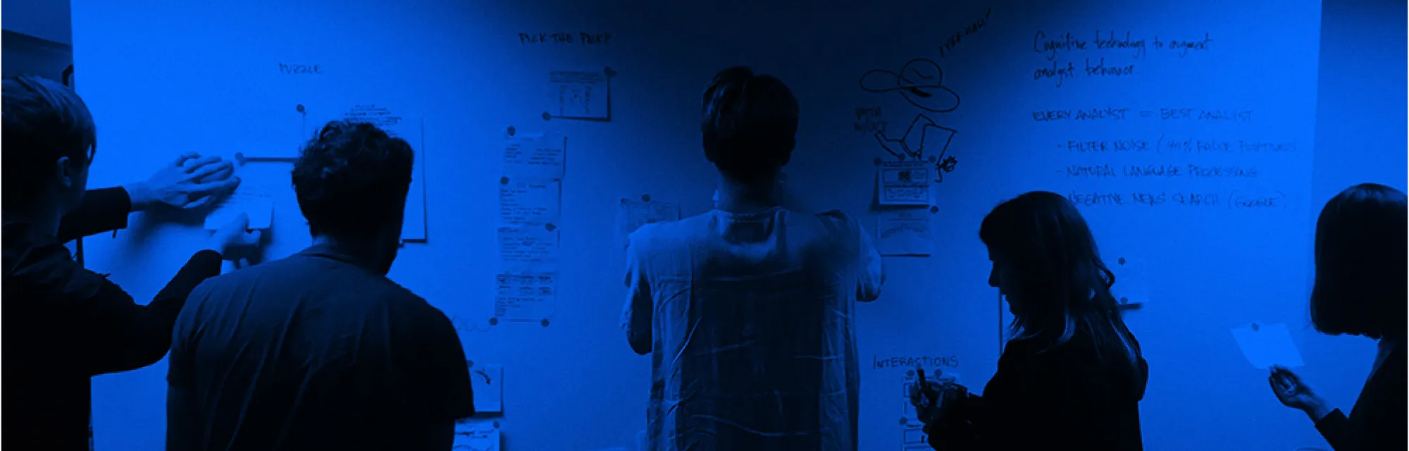 A group of individuals collaborates on design concepts by sketching and placing notes on a large, illuminated board, demonstrating teamwork and creativity in a workspace setting. Rob Harrigan Design. Rob Harrigan. 