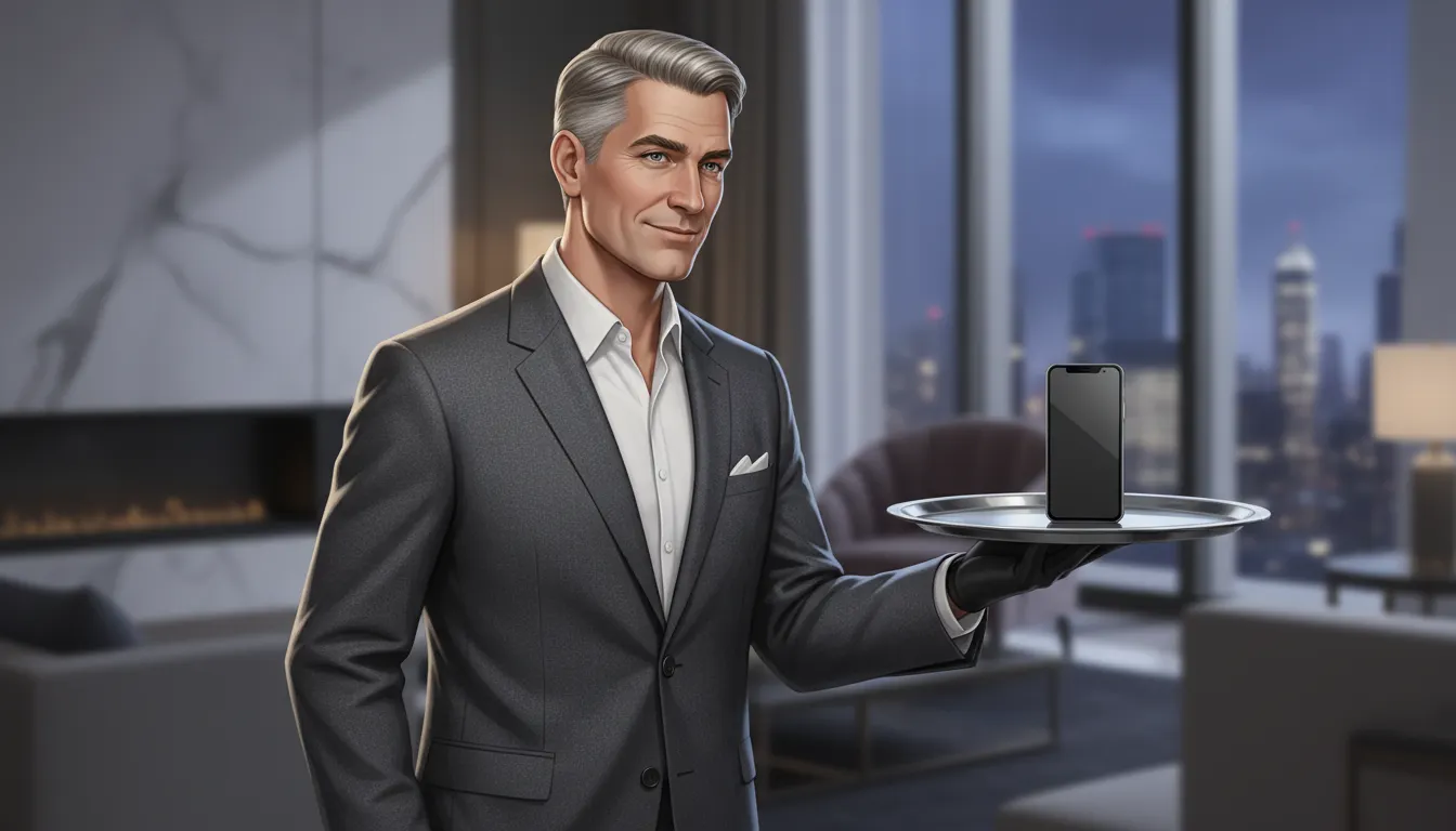 A man in a suit stands in a modern office, holding a mug, with city skyline visible through large windows.