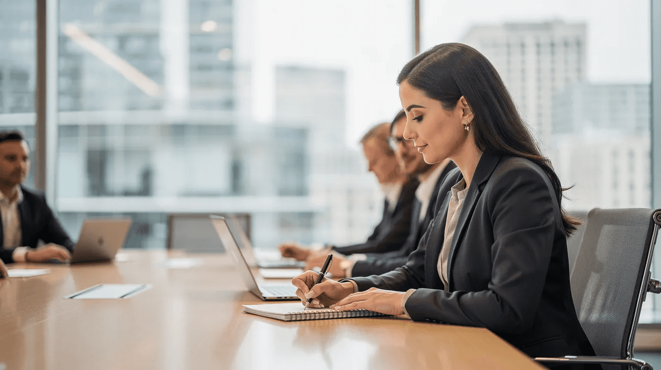 A professional woman is intently writing notes in a notebook during a business meeting in a modern conference room with glass walls, reflecting a collaborative atmosphere typical of a leading web design agency. The setting emphasizes a focus on digital strategy and creative execution, essential for achieving business objectives and driving digital growth.