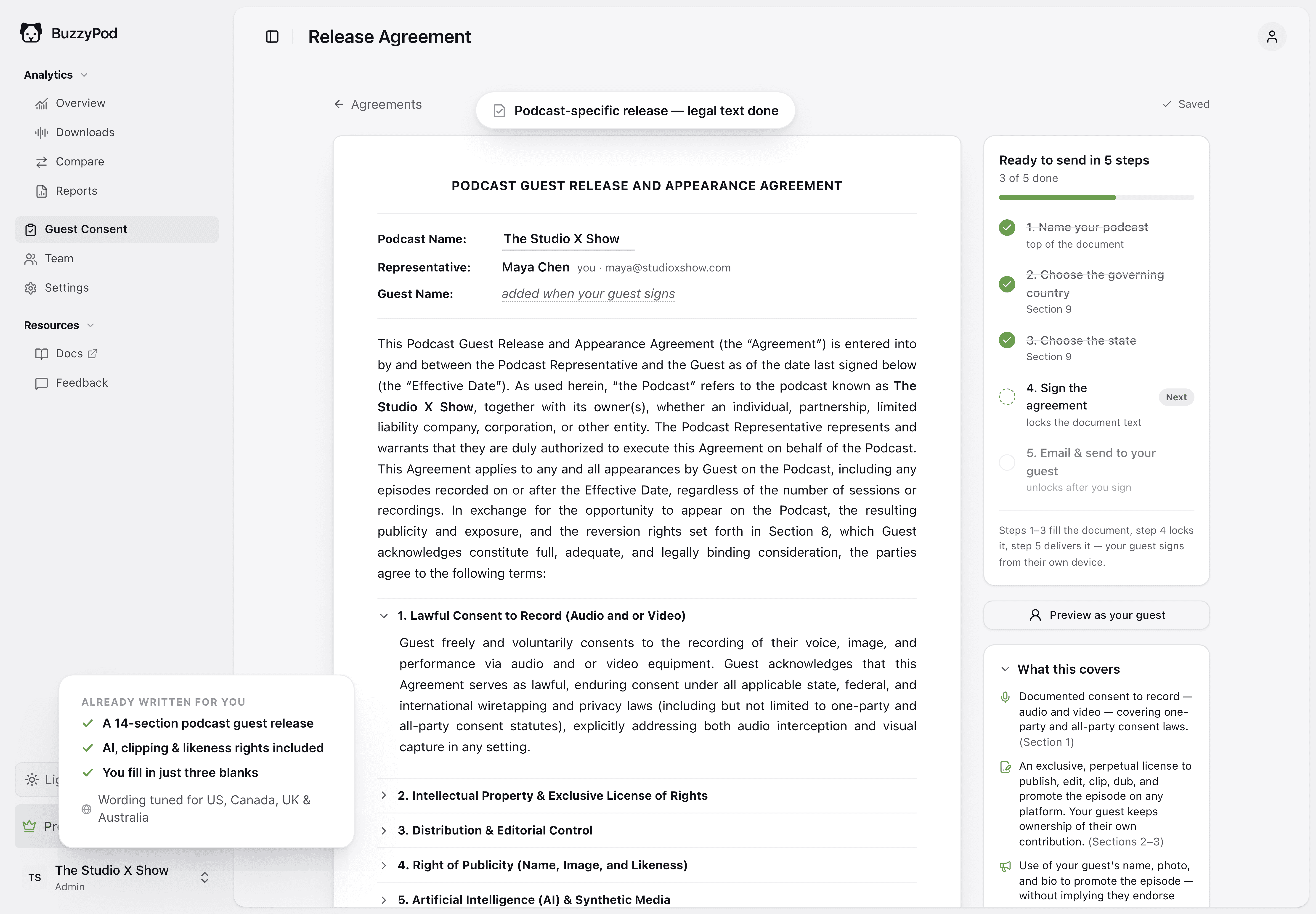 BuzzyPod release-forms dashboard grouping guest agreements into needs-your-action, waiting-on-guests, and signed — with a completed release sealed by a SHA-256 signature.