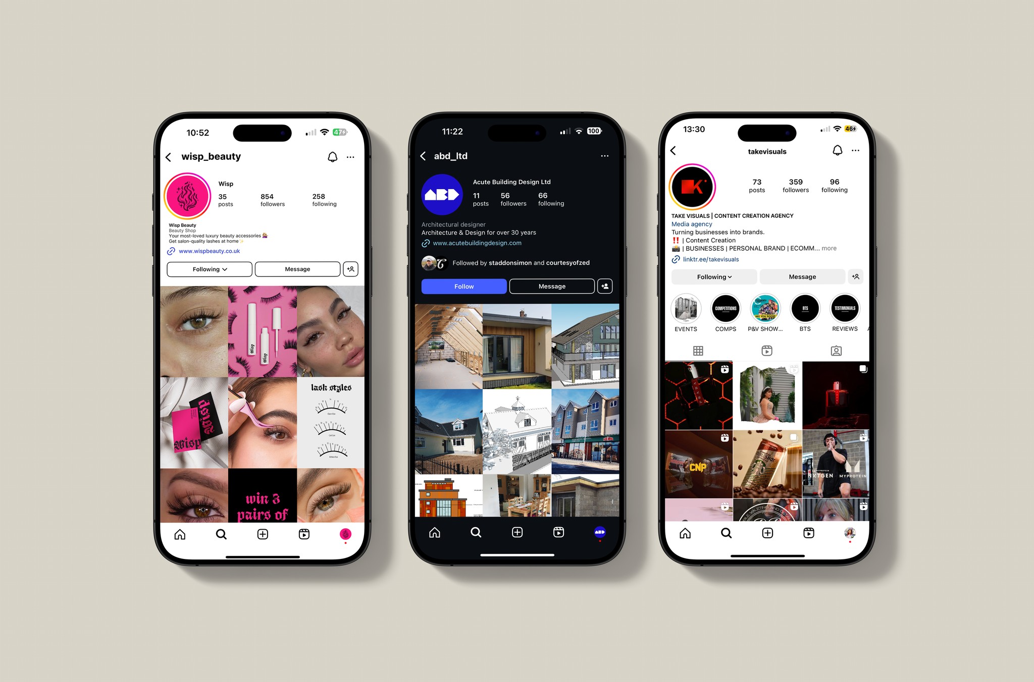 Phone mockups showing social media profiles for a beauty brand, architecture firm, and media company