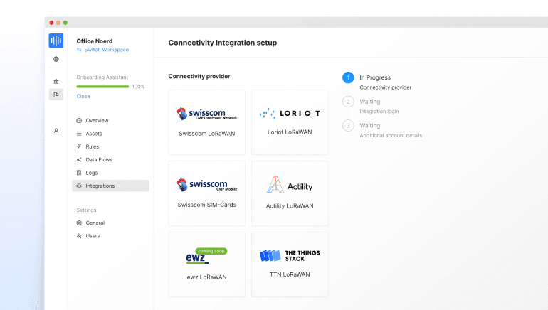 Connectivity integrations panel of the akenza platform