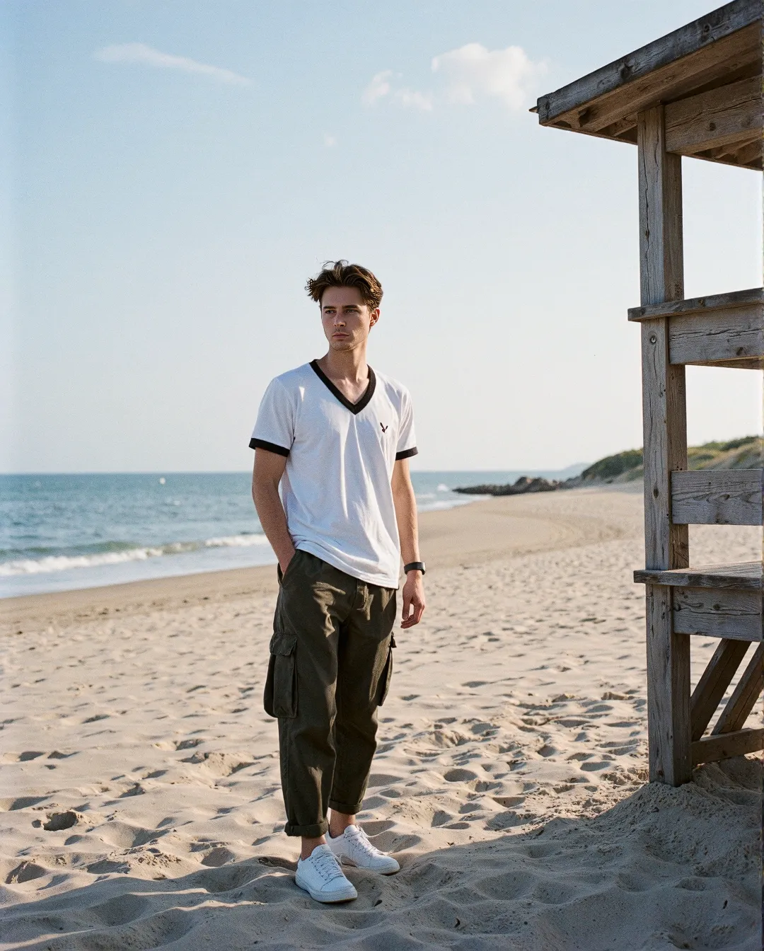 Serene beach scene featuring a white V-neck tee paired with olive cargo pants, shot in warm sunlight beside a wooden lifeguard stand