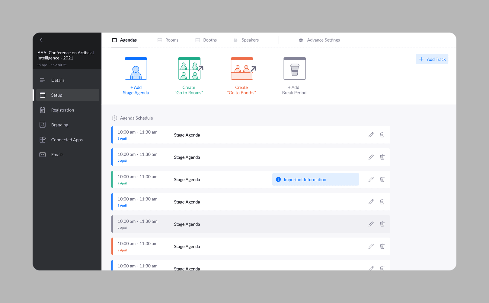 Agenda management experience designed to support multi-track events, making it easy to organize sessions, breaks, and transitions at scale.