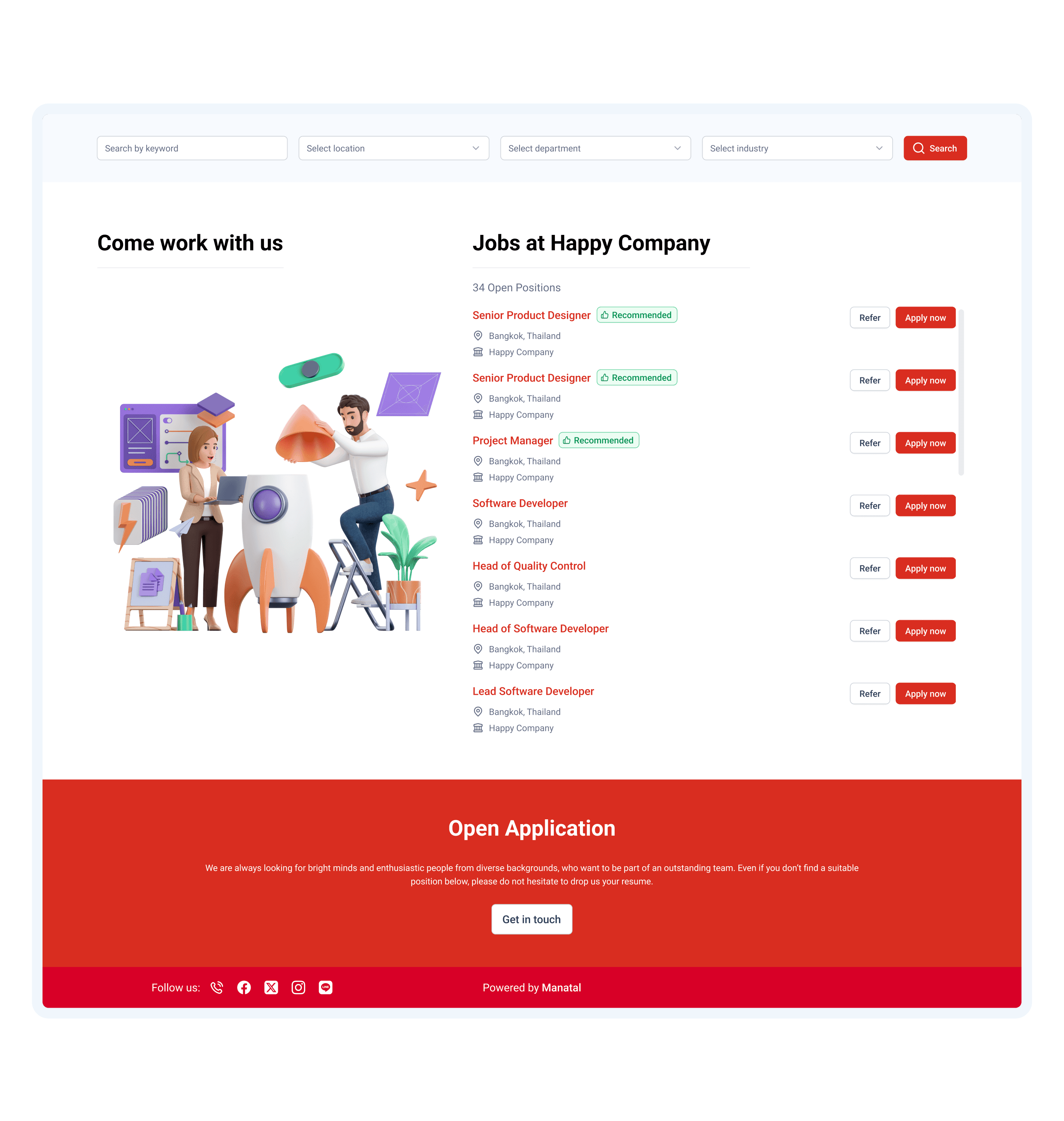 Customized jobs listing page with filters, search bar, and footer