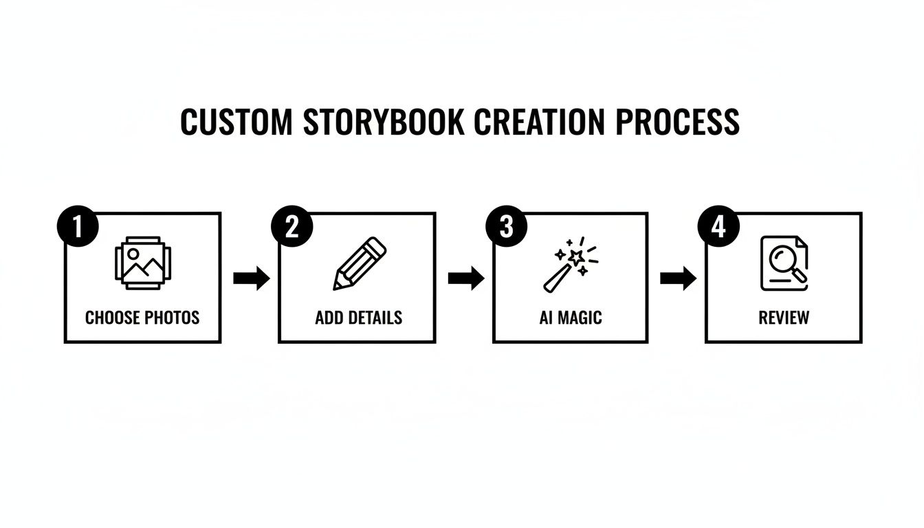 A four-step custom storybook creation process: choose photos, add details, use AI, and review.