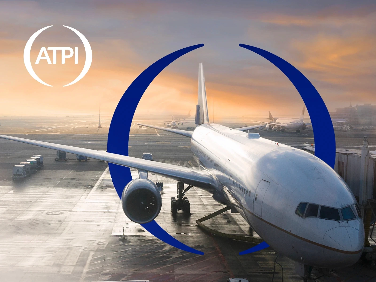 Plane on runway with blue circular graphic and ATPI logo