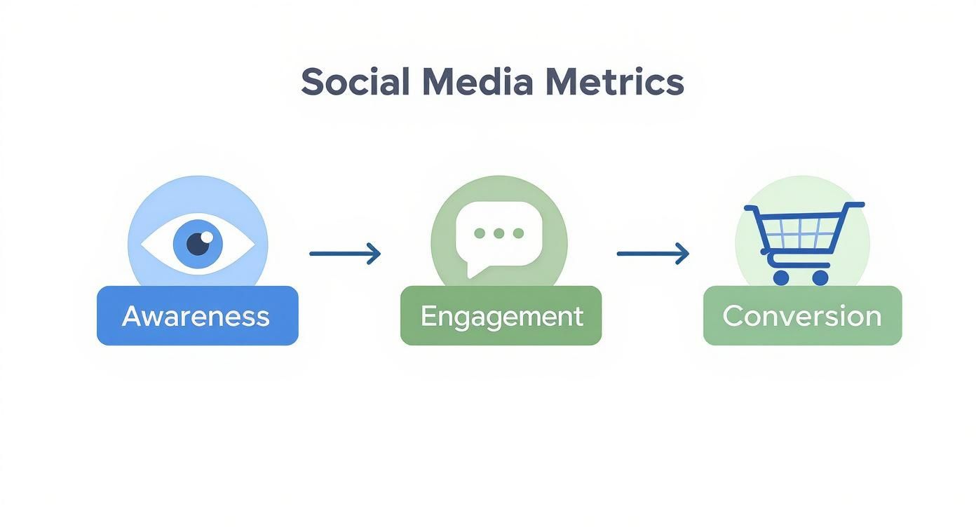Diagram showing the three stages of social media metrics: Awareness, Engagement, and Conversion, with corresponding icons.