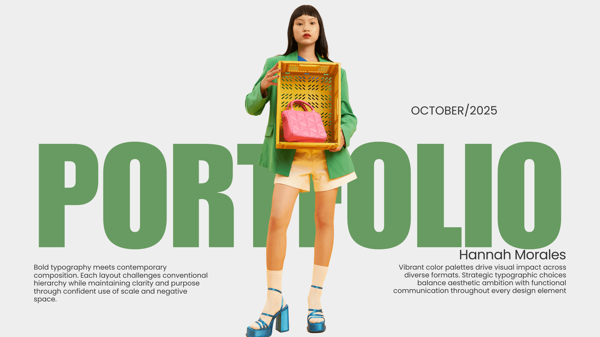 Woman in bright green jacket holding a crate with pink purse, bold typography background, October 2025 fashion portfolio.
