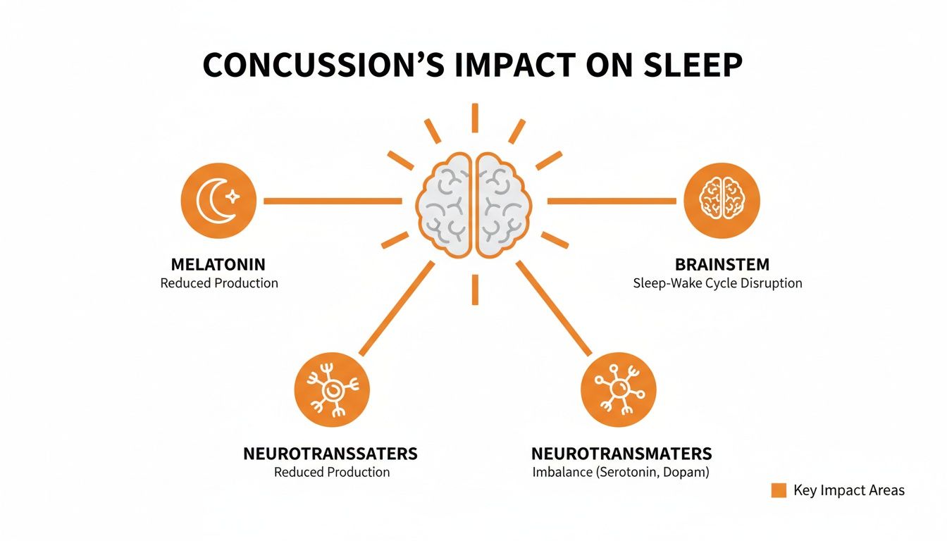 Infographic detailing how a concussion disrupts sleep by affecting melatonin, brainstem, and neurotransmitters.