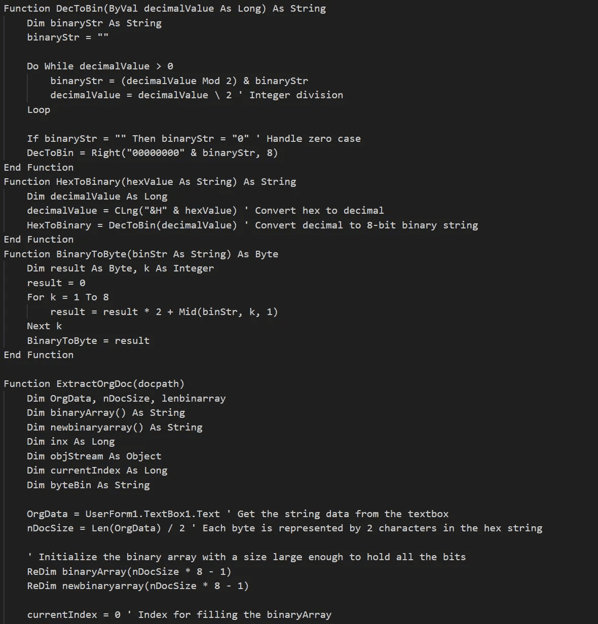 VBA macro code extracted via olevba