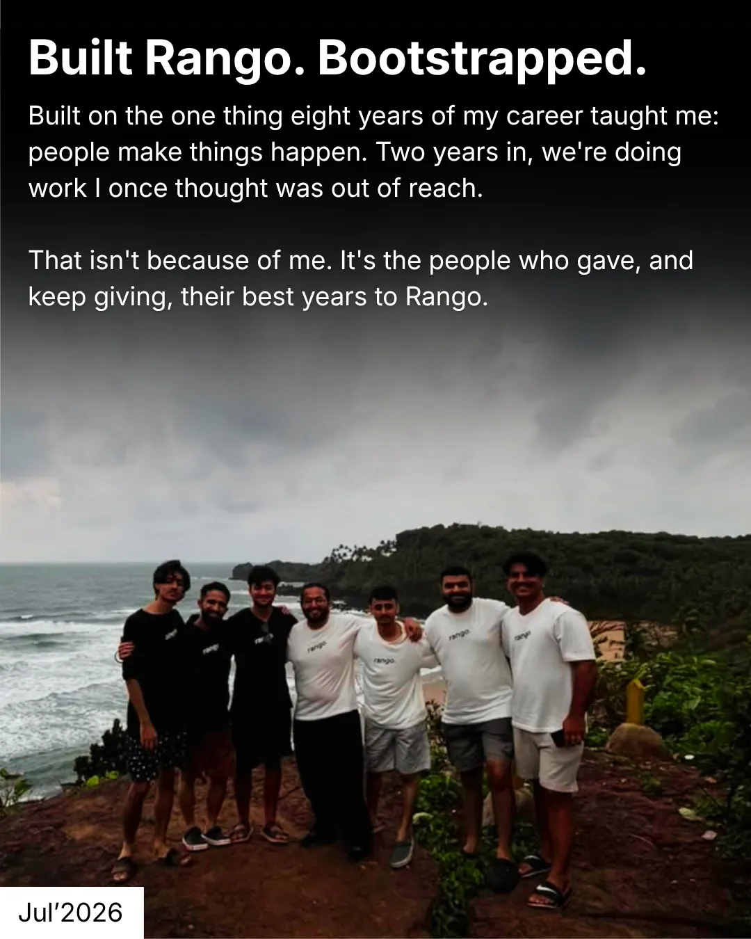 the seven person rango team in rango t-shirts on a cliff above the sea, july 2026, rango team, sagar ludhiyani, rango founder, rango design