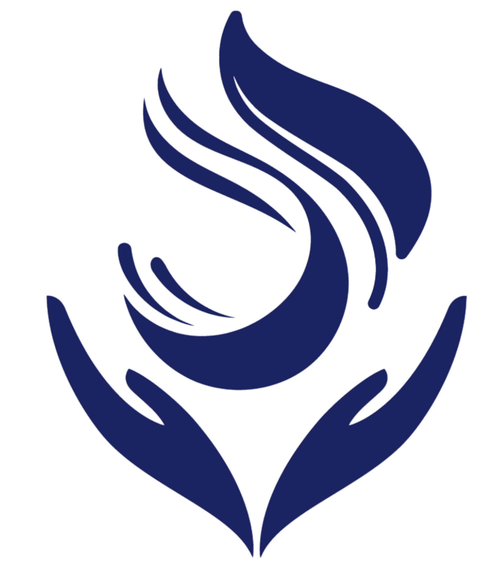 Um logotipo azul minimalista com duas mãos estilizadas voltadas para cima, acolhendo uma forma abstrata de chama, simbolizando unidade, cuidado e energia.