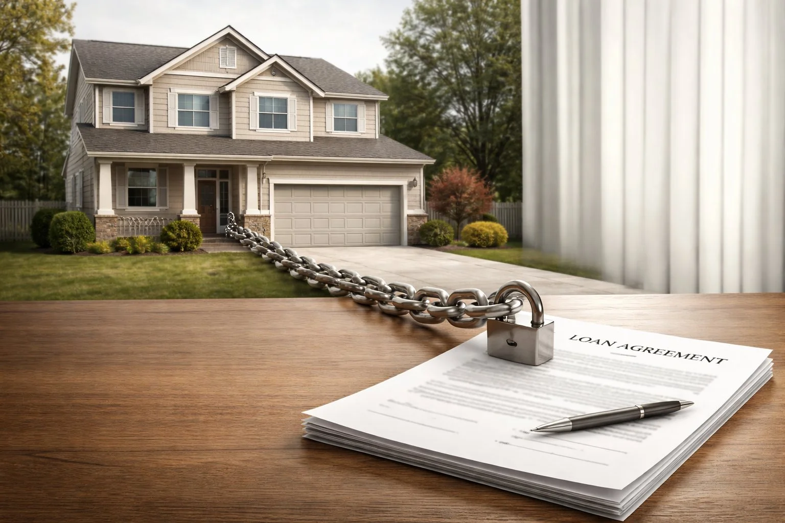 House connected by a subtle chain to a loan document, symbolizing financial obligation or mortgage responsibility.