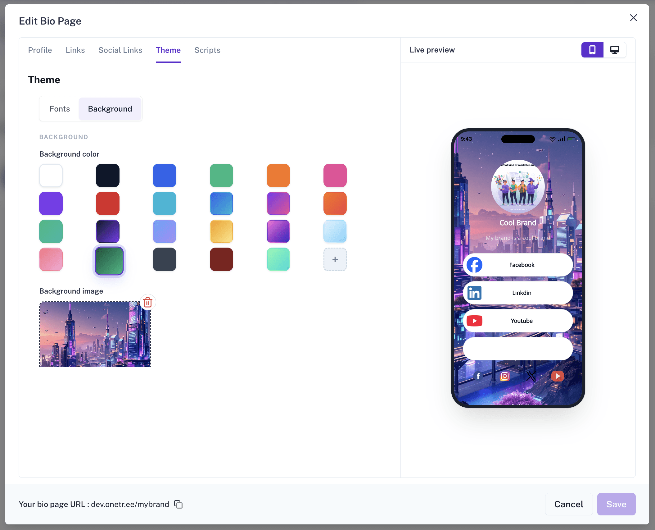 CutMe Short Bio Links dashboard showing customization and preview options