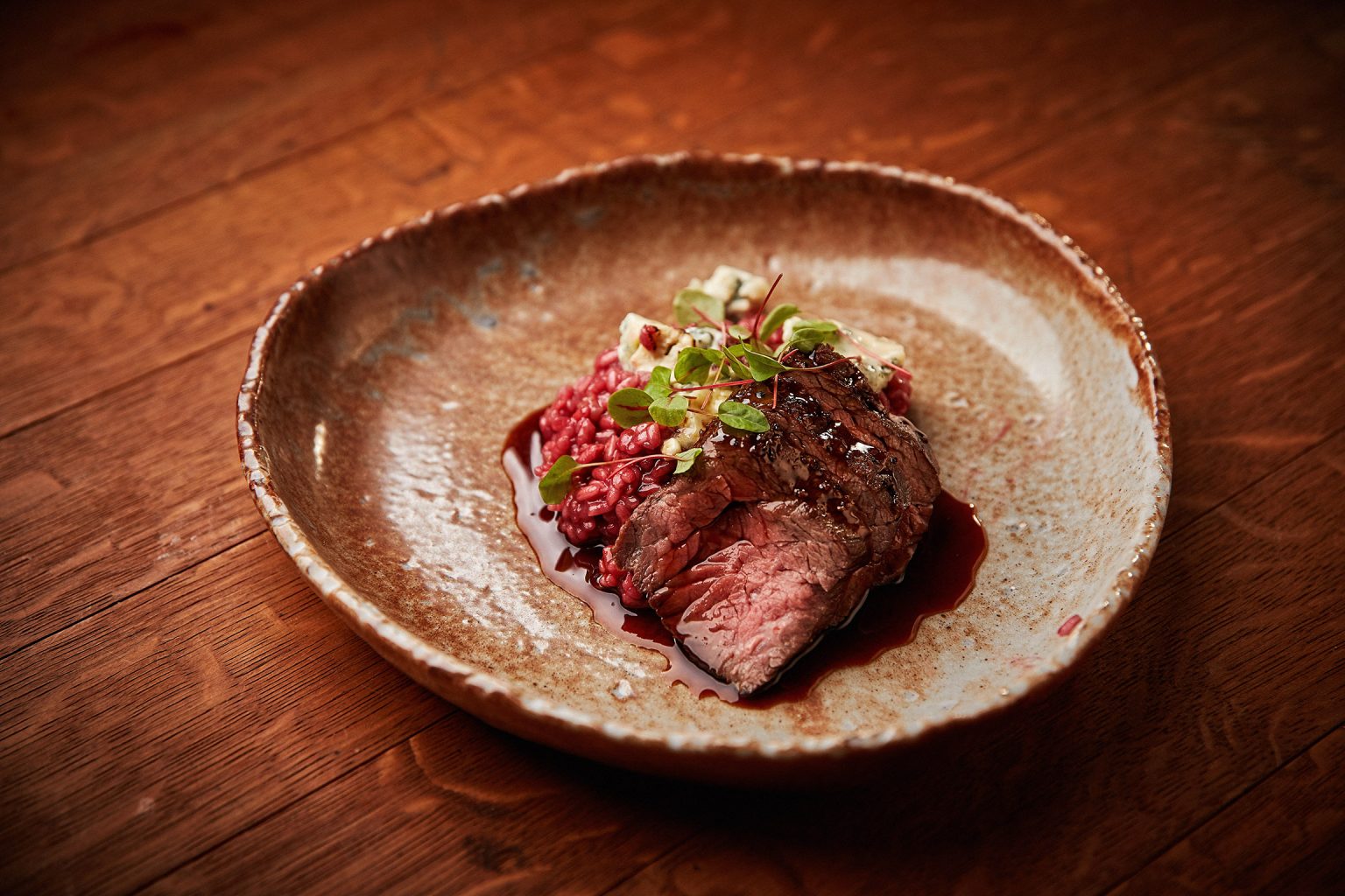 Signature beef flank, Shiraz risotto, softened Irish blue cheese