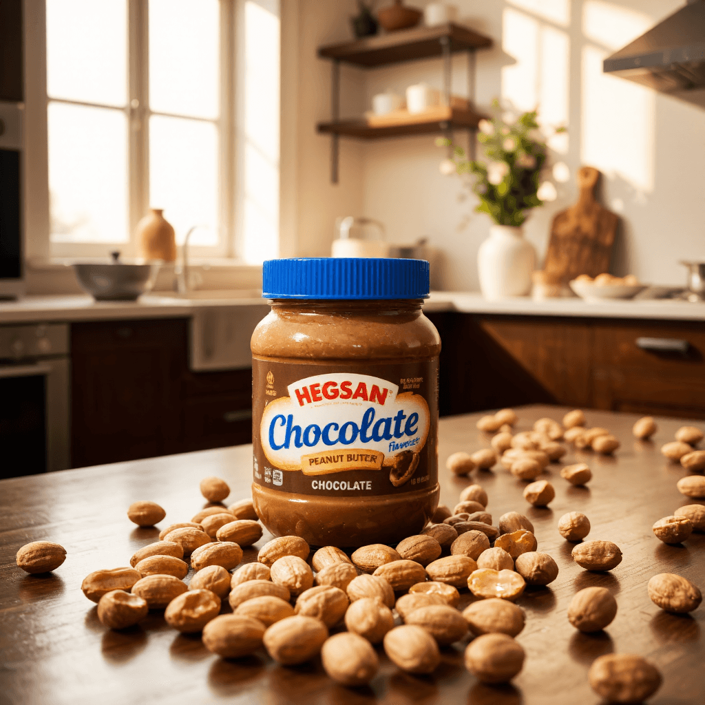 product photography of a jar of chocolate-flavored peanut butter