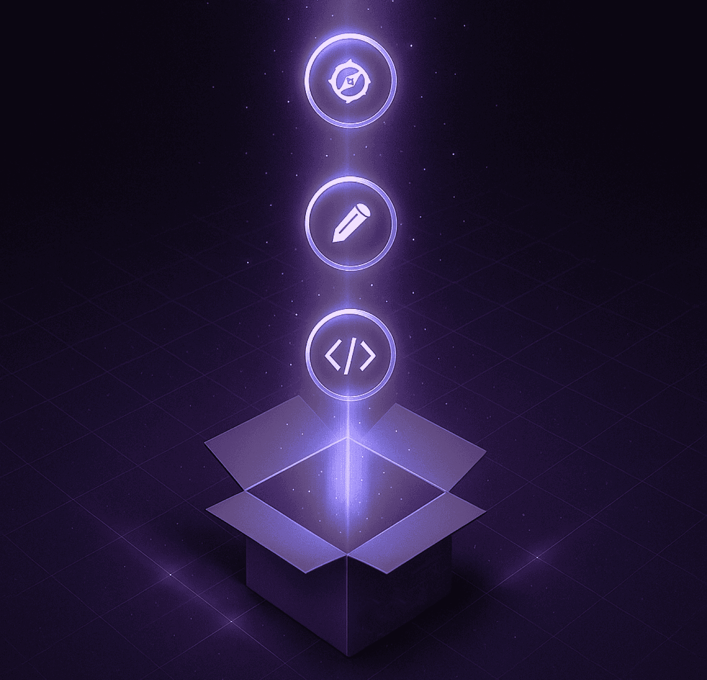 Animated graphic showing glowing purple orbs connected by a light trail, set against a dark background.