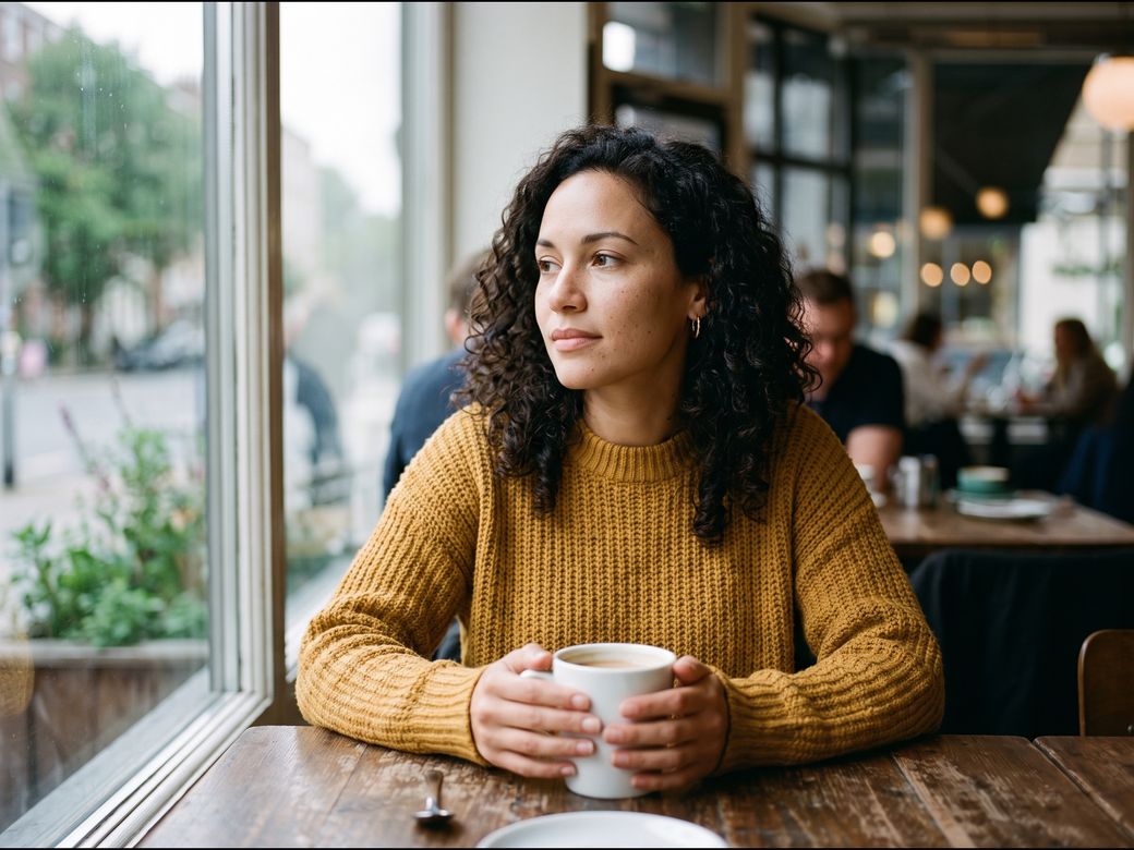 A woman in a mustard sweater sitting at a cafe window, holding a white cup