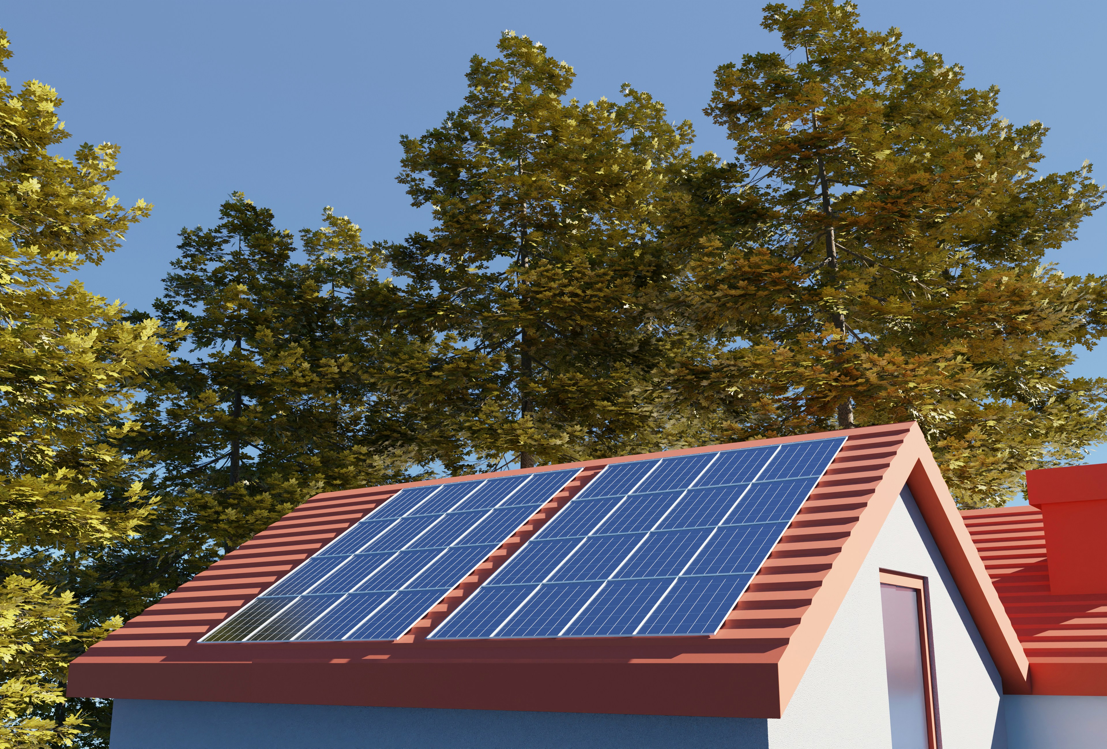 A house roof fitted with solar panels