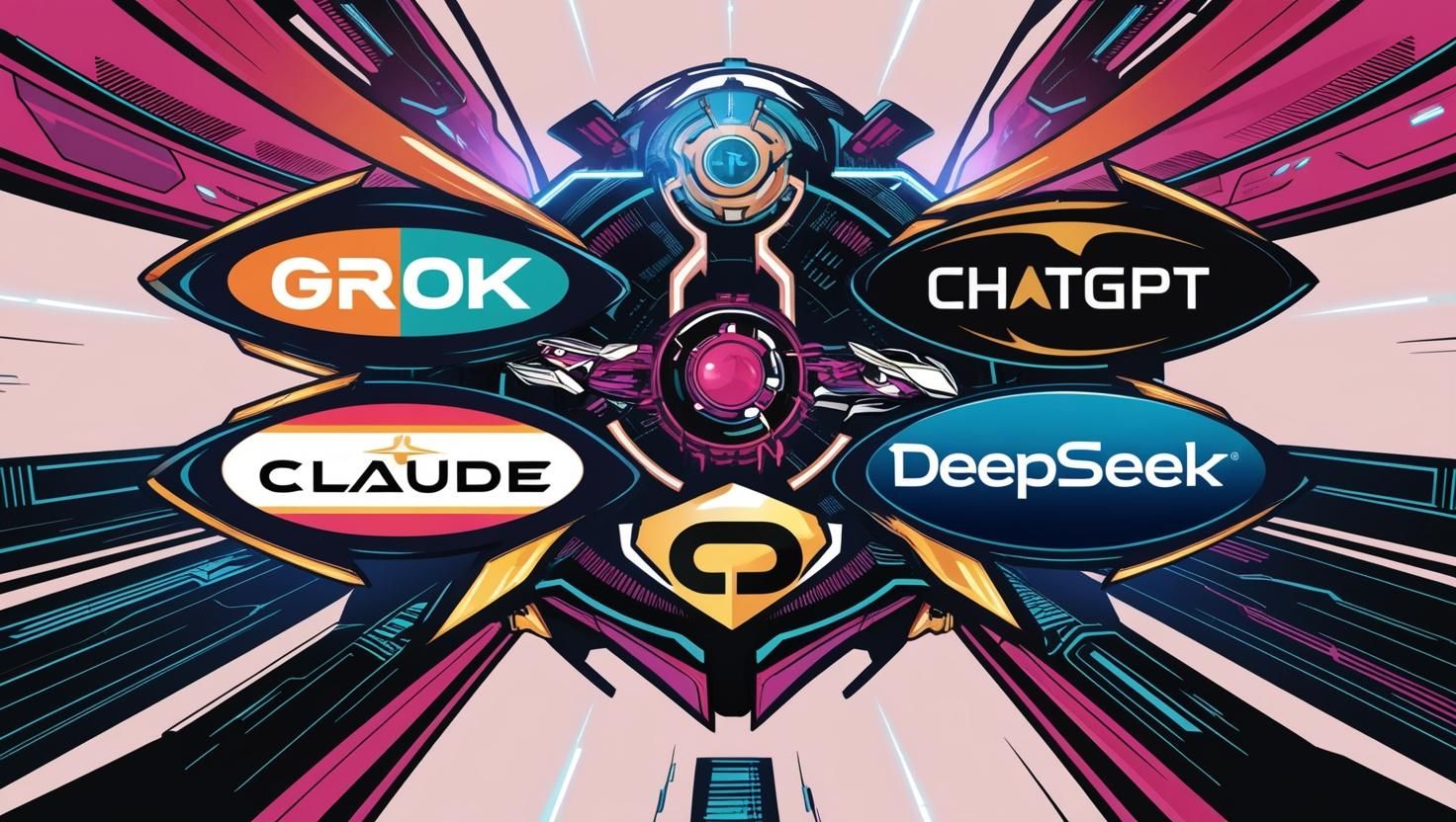 AI brand logos (Grok, ChatGPT, Gemini, Claude, DeepSeek) facing off in a high-tech showdown.