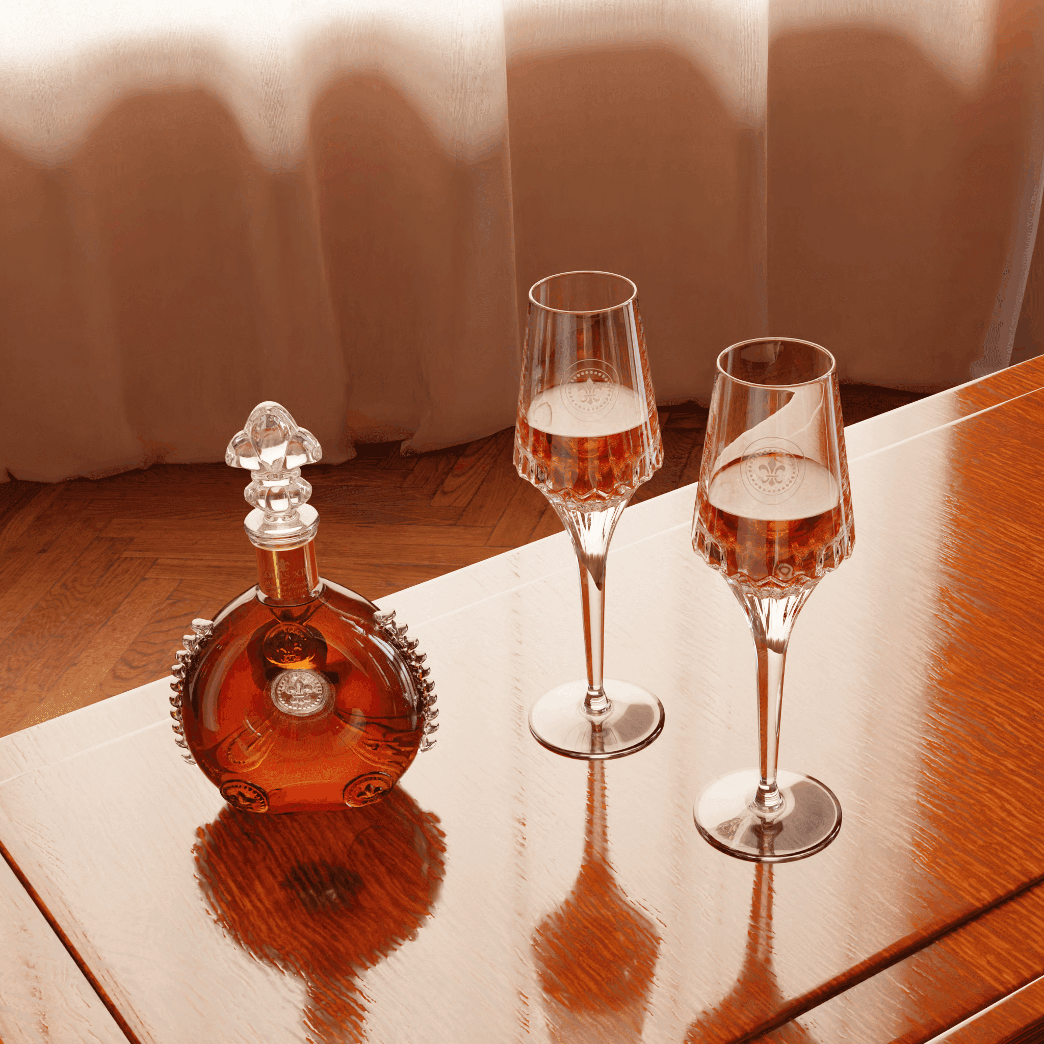 Cognac bottle and glasses digital twins