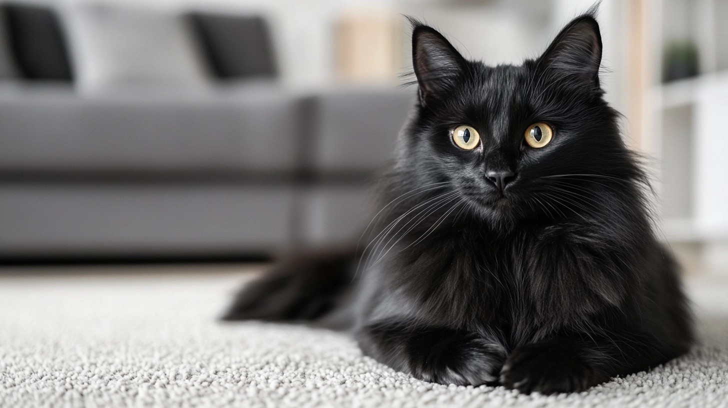 A black cat on a white rug