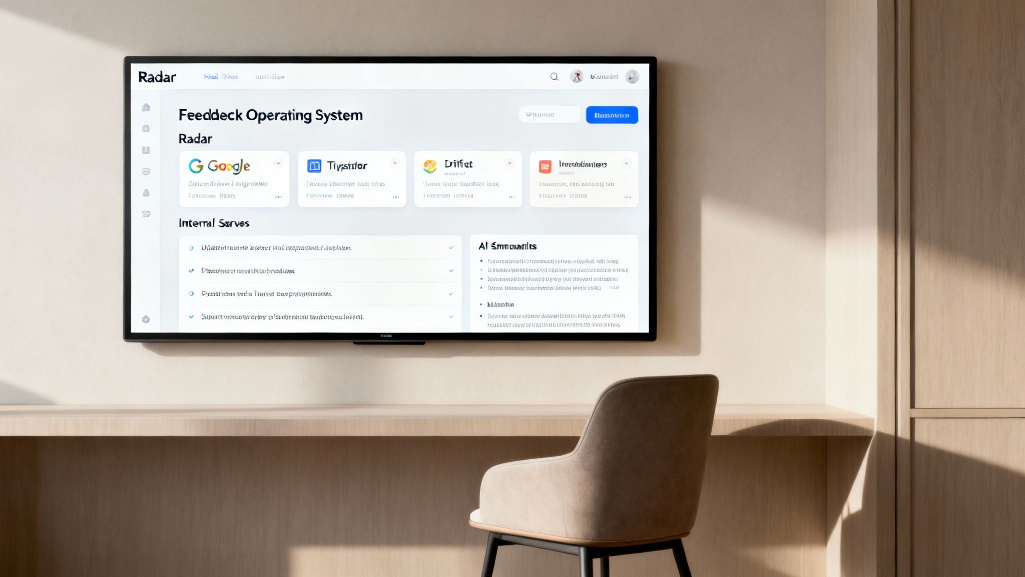 Modern office display showing Feeddeck Operating System interface for feedback management and AI communities