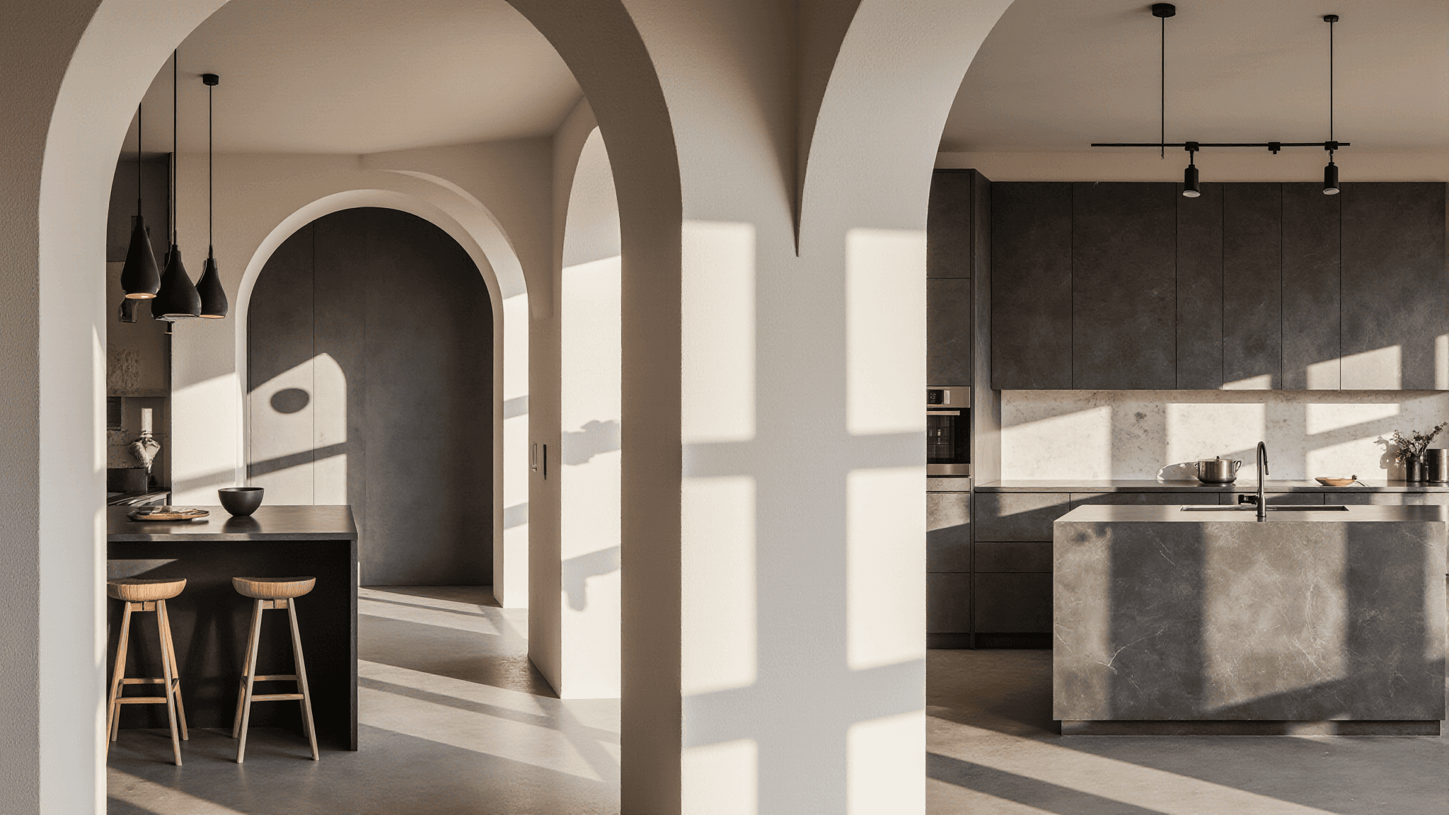 Modern kitchen with grey cabinets and a marble island, viewed through white archways.