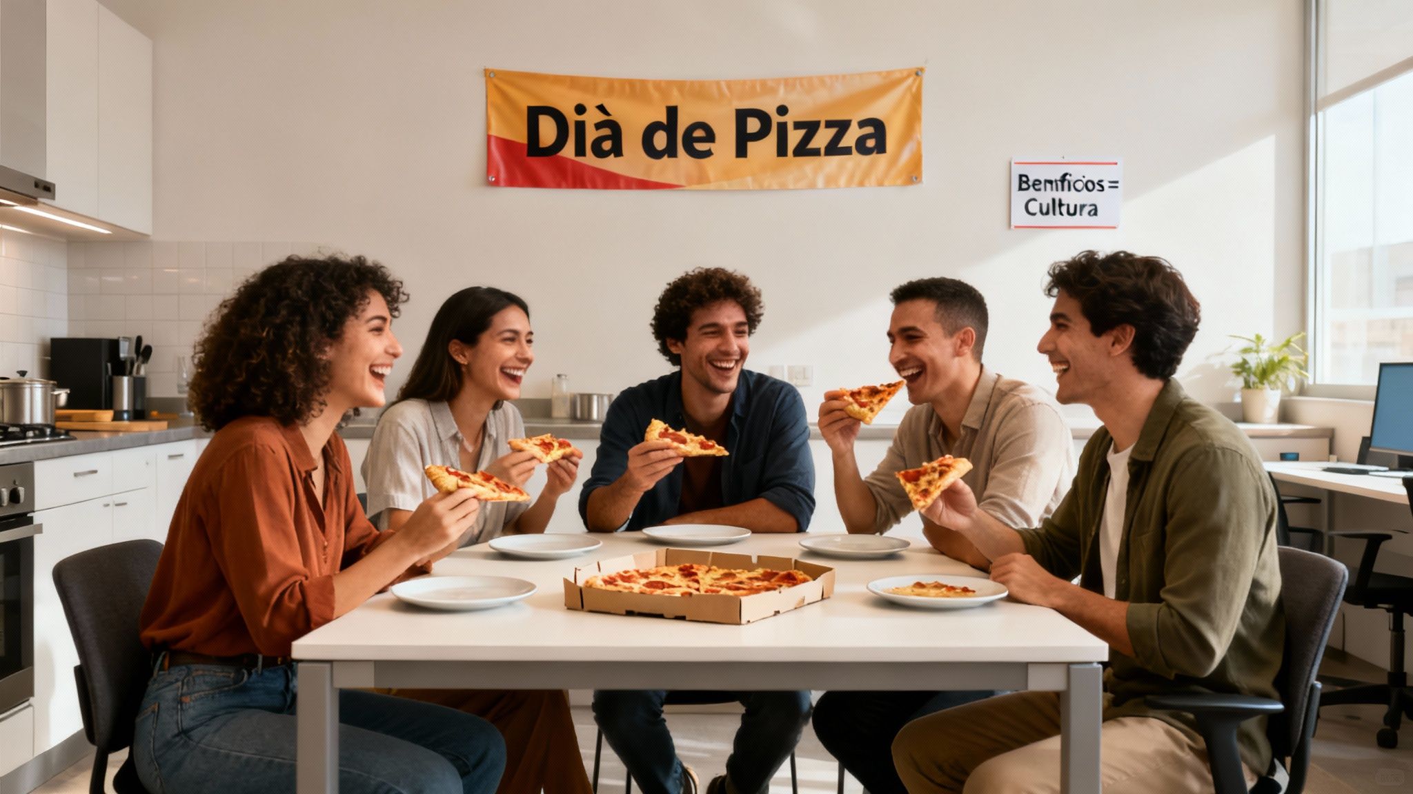 Cinco jóvenes en una oficina compartiendo y disfrutando de una pizza, riendo alegremente.