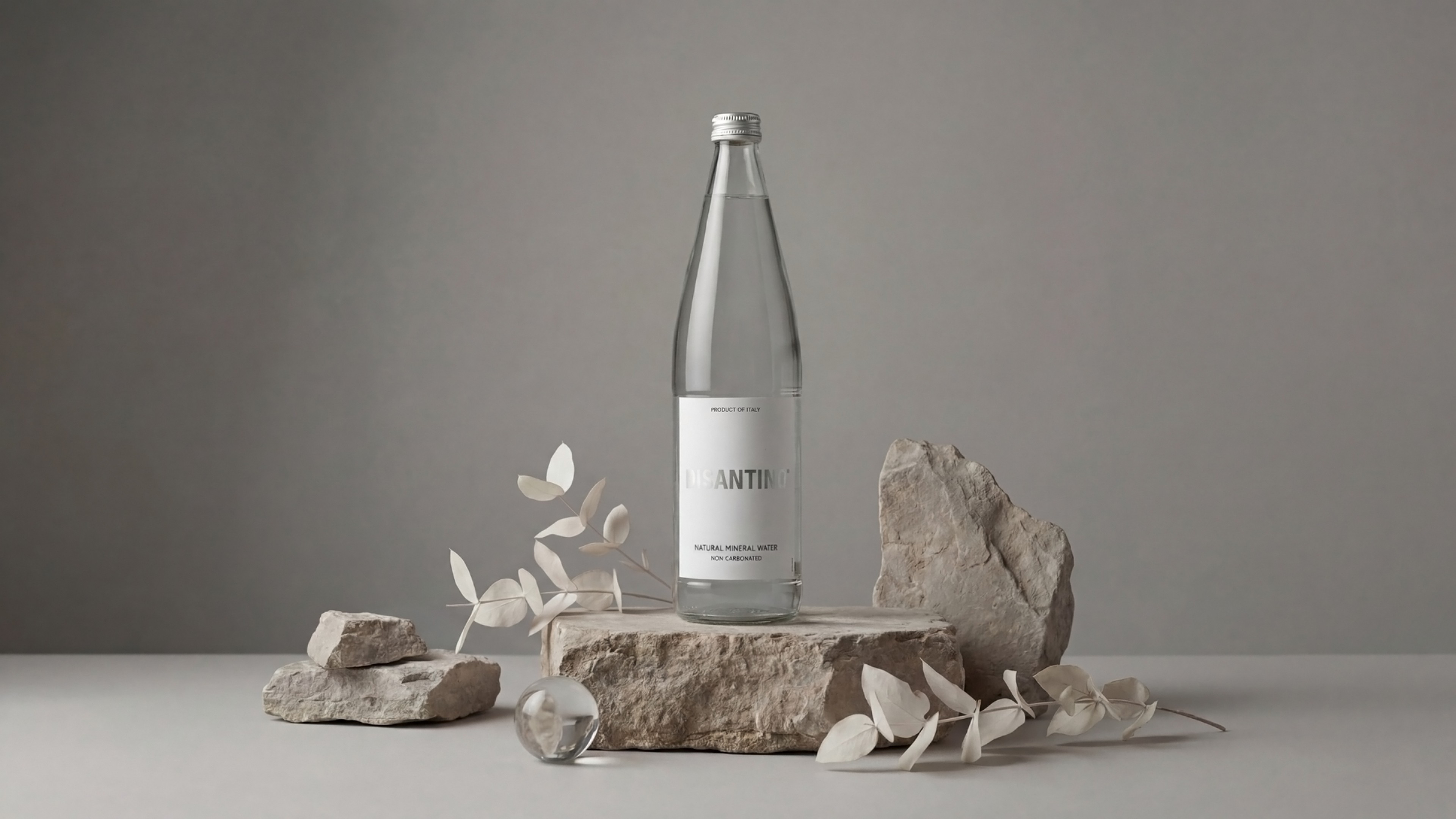 A bottle of Disantino Natural Mineral Water standing on a rough, flat beige stone. The minimalist composition is accented by a small glass sphere, scattered rocks, and a sprig of dried white leaves against a solid gray background.