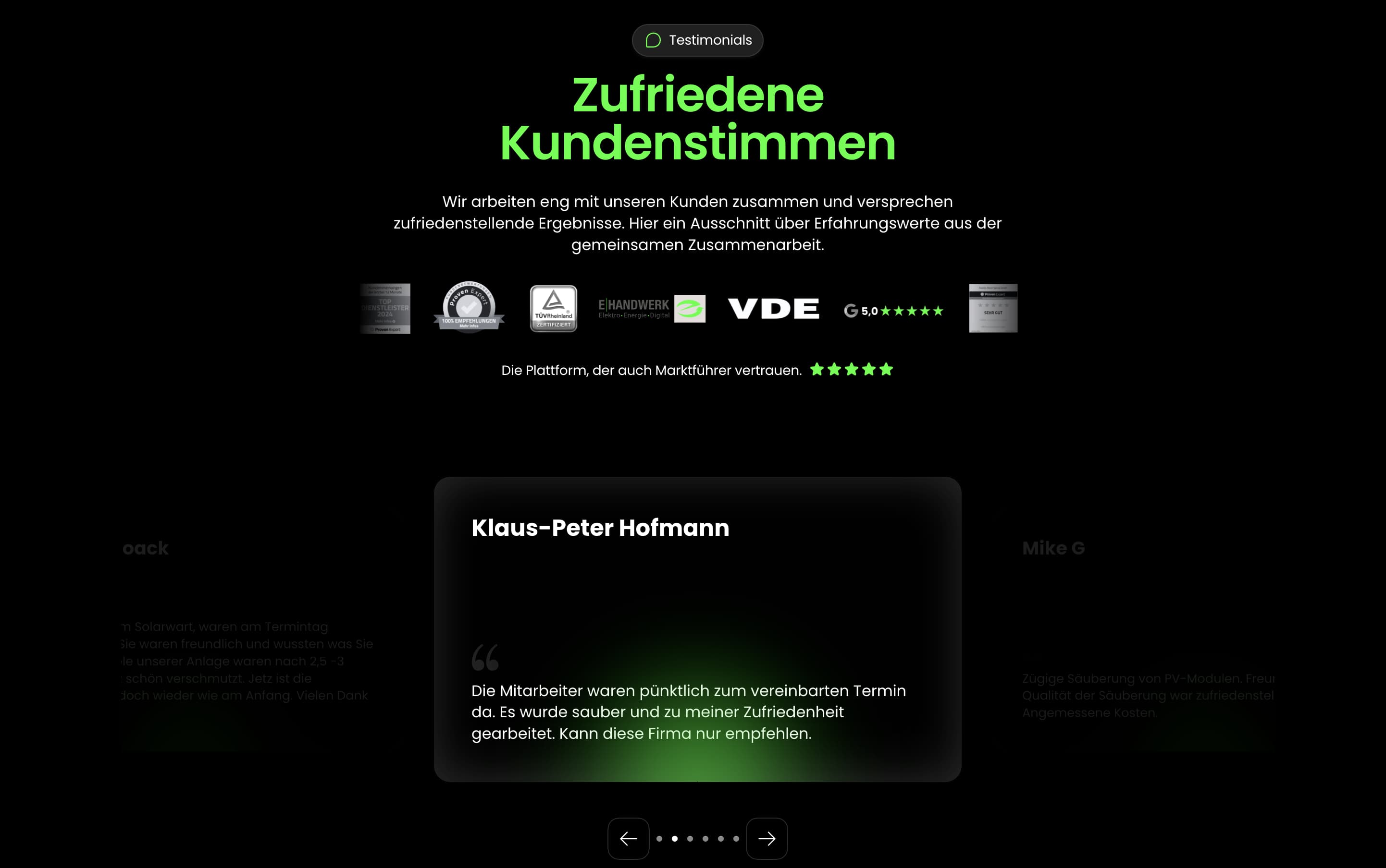Vertrauenserweckende Sektion mit Kundenbewertungen und Prüfsiegeln für PV-Betriebe – Professionelles Webdesign für Solarfirmen von Webnity-X.