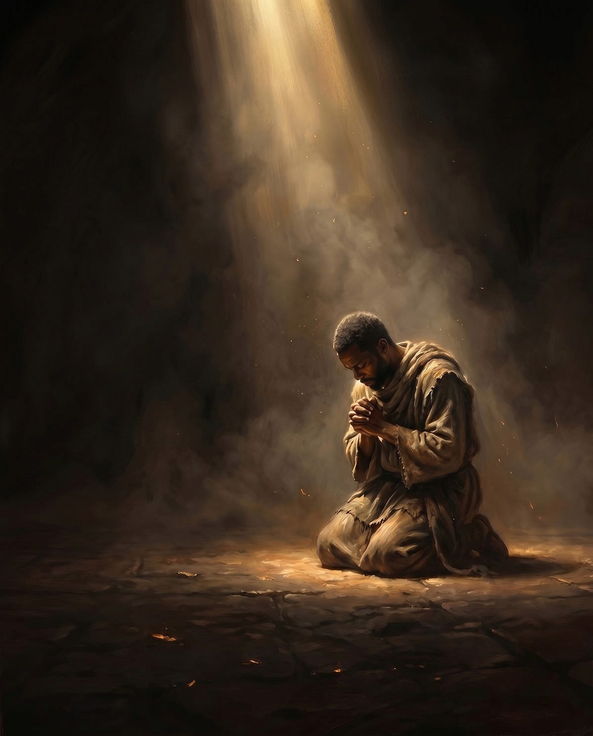 A man kneeling alone in prayer with clasped hands beneath a shaft of light
