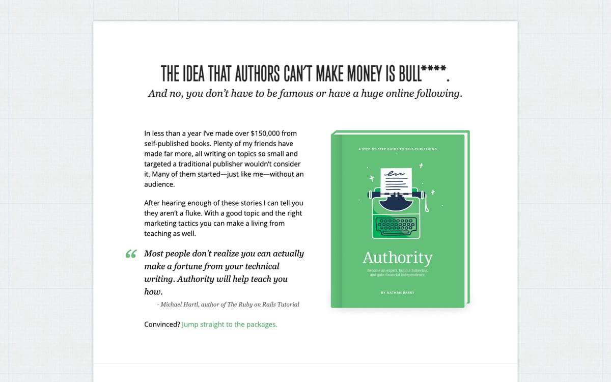 Nathan Barry sales page for the book Authority