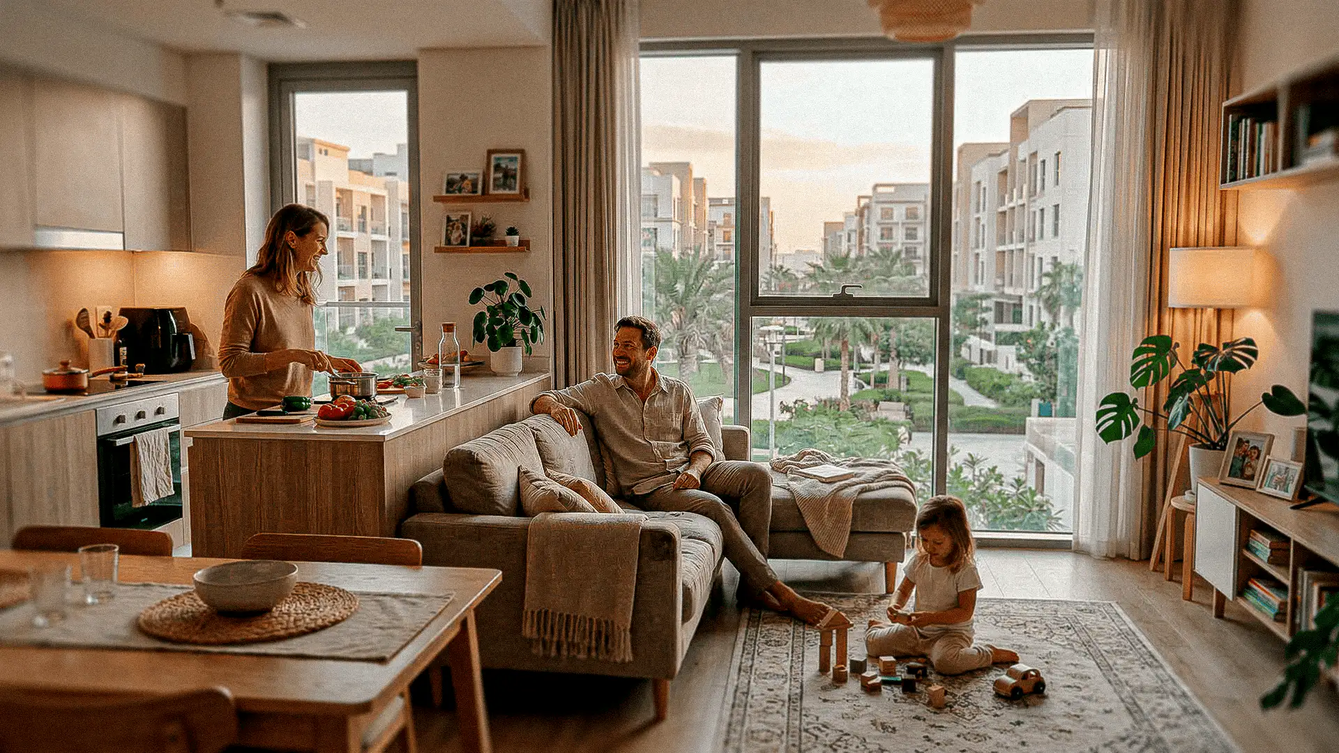 Vida familiar en un apartamento moderno dentro de una comunidad residencial planificada con áreas verdes.