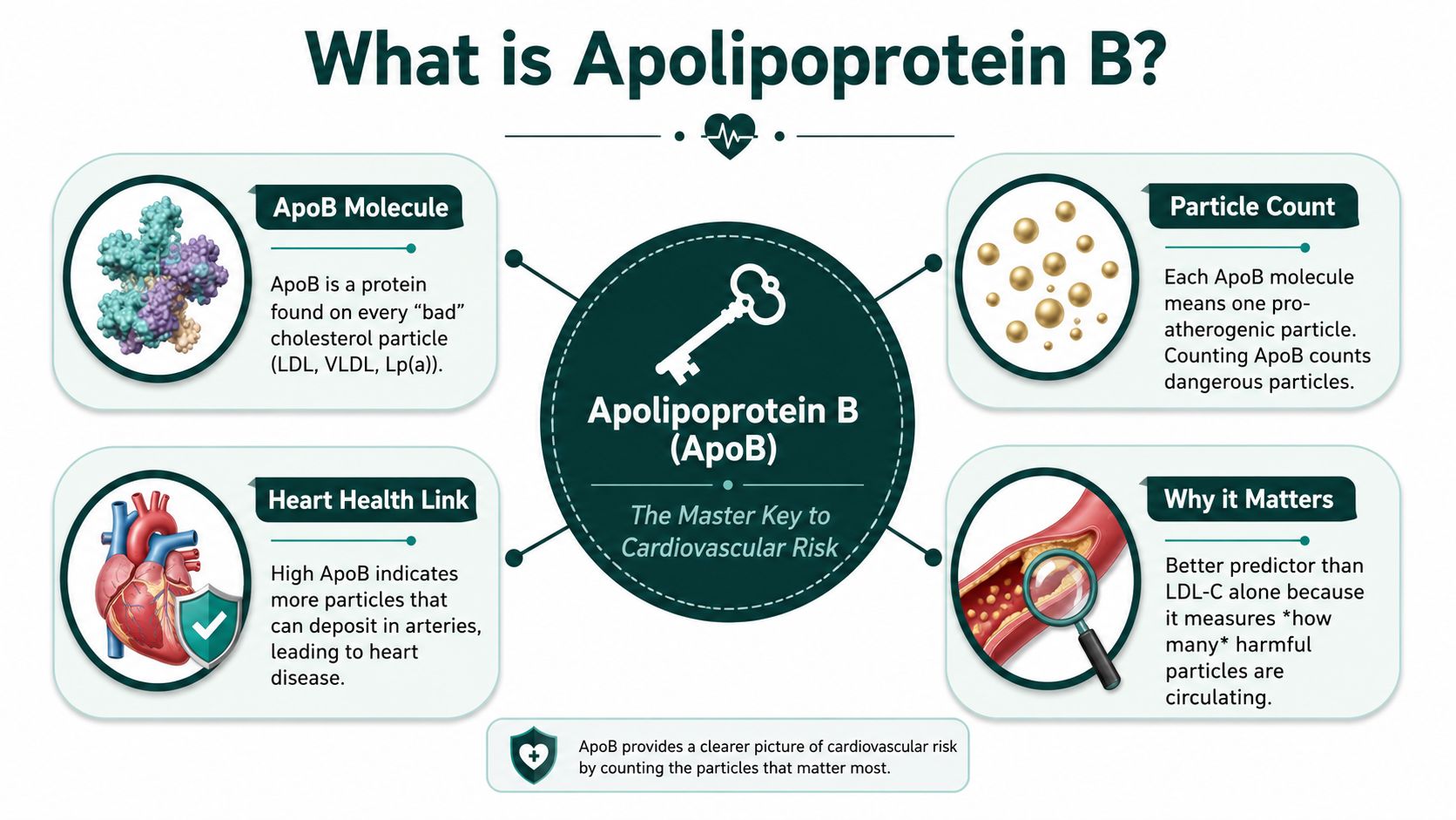 An infographic explaining Apolipoprotein B as a key indicator of cardiovascular risk and heart health.